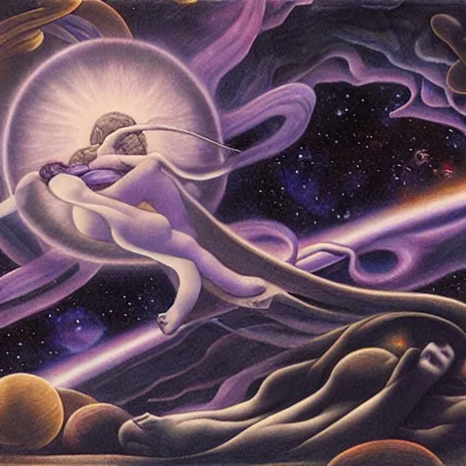 Prompt: Liminal space in outer space by Evelyn De Morgan