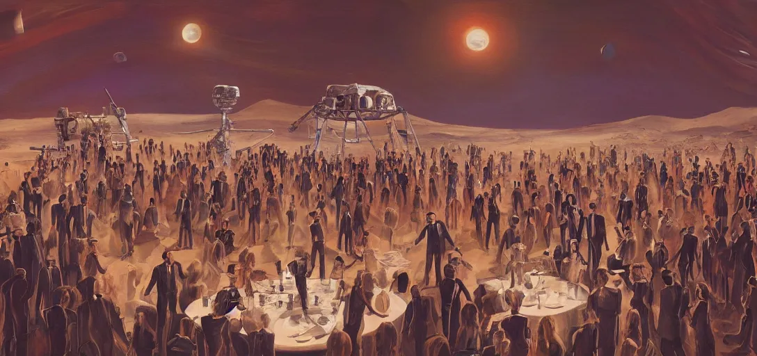 Prompt: a surreal painting of a classic party full of guests wearing tuxedos on the surface of mars, on the background there are huge utopian buildings, volumetric lighting