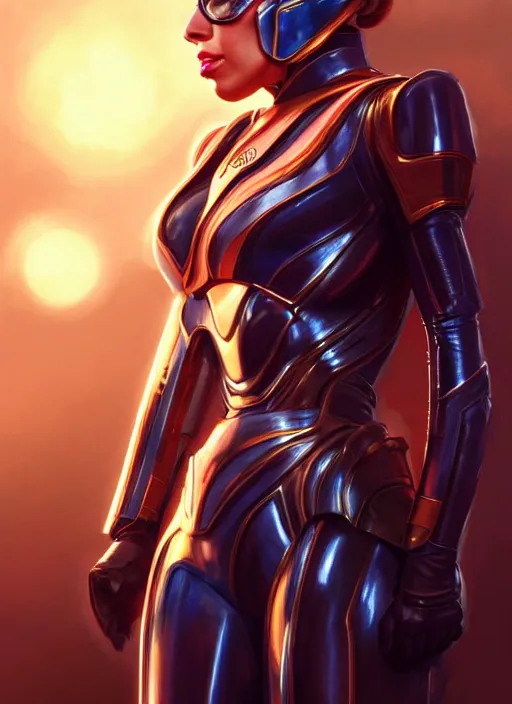 Image similar to lady gaga as nova corps officer, intricate, elegant, glowing lights, highly detailed, digital painting, artstation, glamor pose, concept art, smooth, sharp focus, illustration, art by artgerm and greg rutkowski, artey freytag