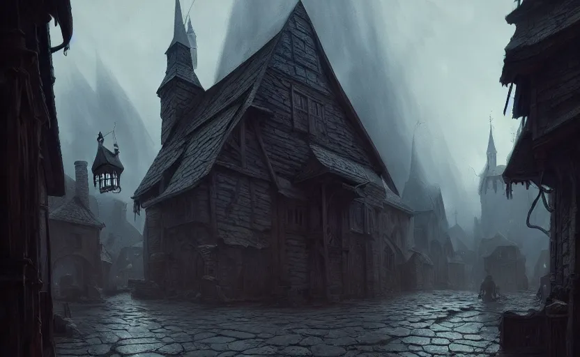 Image similar to epic concept art depicted an old medieval mystic town | art by jakub rebelka and thornton oakley and darek zabrocki and harvey dunn | dramatic mood, overcast mood, dark fantasy environment | trending on artstation, unreal engine, hyperreal movie shot