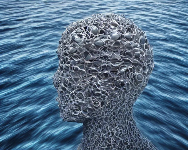 Image similar to a long shot of a giant human head award winning sculpture on the surface of the ocean, abstract sculpture, in the style of chad knight, hyper detailed, hyper realistic, ray tracing, 8 k resolution, sharp focus