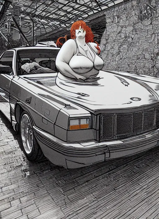 Image similar to fat woman posing near a ford taurus lx 1 9 8 6, intertwined, gothic, rich deep colrs, drawn by by kim jung gi, takato yamamoto. masterpiece. rendered in blender, smooth shadows, ultra detail, high resolution, cinematic unreal 6, 8 k