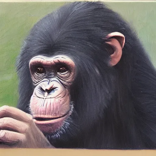 Image similar to Portrait of a Chimpanzee holding a camera in his hands, oil painting