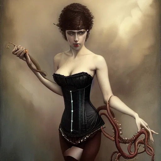 Prompt: by Tom Bagshaw, ultra realist soft painting of lovecraft curiosities, single female in a corset, tentacles, symmetry accurate features, very intricate details, focus, curvy, award winning, ultra dense fog