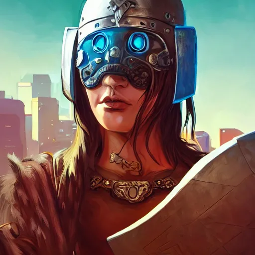 Image similar to cyberpunk viking helmet mask warrior goddess robot ninja fantasy, art gta 5 cover, official fanart behance hd artstation by jesper ejsing, by rhads, makoto shinkai and lois van baarle, ilya kuvshinov, ossdraws