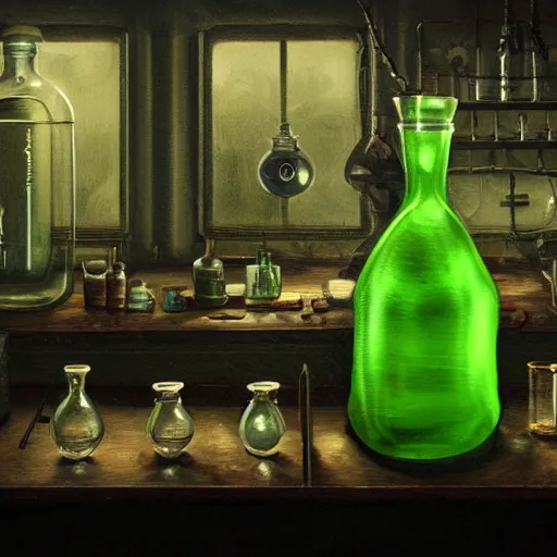 Prompt: a painting of a small lime colored shiny steampunk potion bottle on the left of a dark counter in a dark dusty vintage science lab, by h. r. giger, hyperrealistic fantasy art, concept matte, ethereal, dreamy, digital art, trending on artstation, volumetric cinematic lighting