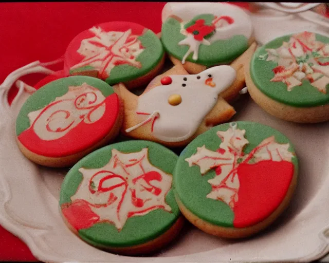 Image similar to 1970's cookbook color photograph of Christmas cookies sharp detail high detail