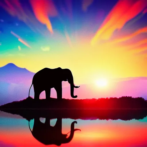 Image similar to a heroic elephant watching yesterday's sunset over the mountains in the style of synthwave, digital art, 4k