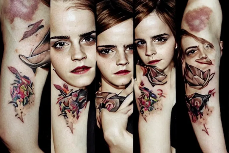 Image similar to emma watson, dope tattoo, hyperrealistic