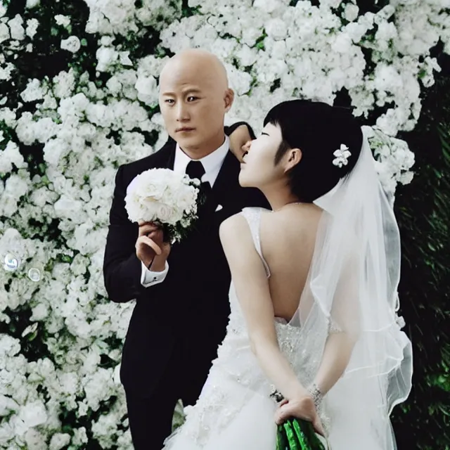 Image similar to saitama one punch man instagram couple's wedding photo shoot, closeup photo