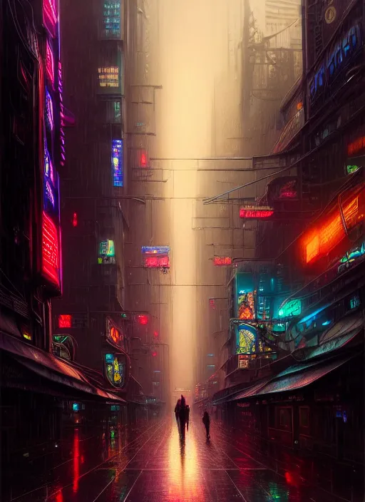 Prompt: rainy night in a cyberpunk city, neon lights, intricate, elegant, highly detailed, centered, digital painting, artstation, concept art, smooth, sharp focus, illustration, artgerm, tomasz alen kopera, peter mohrbacher, donato giancola, joseph christian leyendecker, wlop, boris vallejo