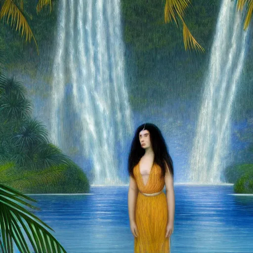 Image similar to a ultradetailed beautiful painting of lorde, frank ocean, the weeknd and lana del rey standing in front of the diamonds waterfall in the amazonas palace balustrade designed by jules bastien - lepage, tarsila do amaral, frank weston and gustave baumann, beach, trending on artstation, mediterranean, palm trees, sharp focus, soft light, 8 k 4 k