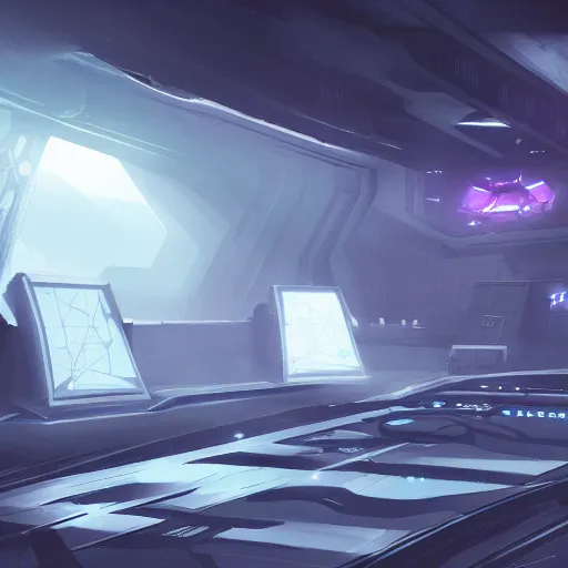 Prompt: a dark futuristic spaceship bridge room with many controls and screens, concept art, epic, fog, dramatic lighting
