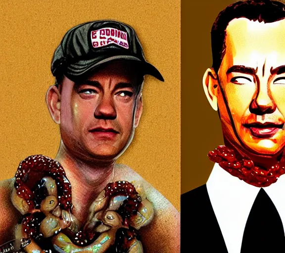 Image similar to Tom hanks as forrest gump wearing a necklace made out of shrimps around the neck, realistic face, digital art, in the style of Daniel Conway, amazing detail, artstation, long shot