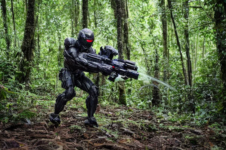 Image similar to Crysis Nanosuit shooting at enemies in a jungle combat photography 2022, Canon EOS R3, f/1.4, ISO 200, 1/160s, 8K, RAW, unedited, symmetrical balance, in-frame,