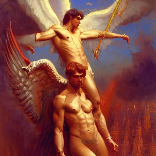 Image similar to attractive male lucifer morning s raising hell unto heaven. highly detailed painting by gaston bussiere, craig mullins, j. c. leyendecker, 8 k