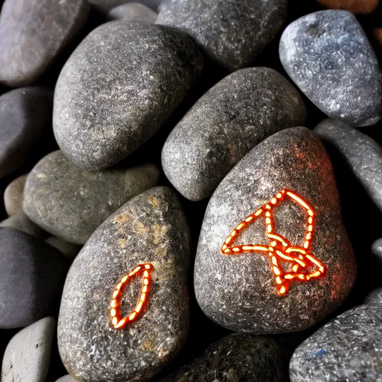 Prompt: photo of a pebble with a glowing runes drawn on it. pebble is completely wrapped with copper wire! lots of copper wire!! extremely high details