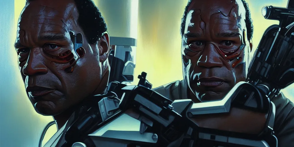 Image similar to oj simpson as the terminator, cinematic, highly detailed, digital painting, artstation, concept art, matte, sharp focus, illustration, art by artgerm and greg rutkowski and alphonse mucha