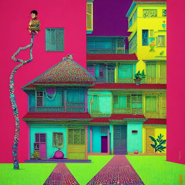 Image similar to surreal glimpse into other universe, peranakan house, summer morning, very coherent and colorful high contrast, art by!!!! gediminas pranckevicius!!!!, geof darrow, floralpunk screen printing woodblock, dark shadows, hard lighting, stipple brush technique,