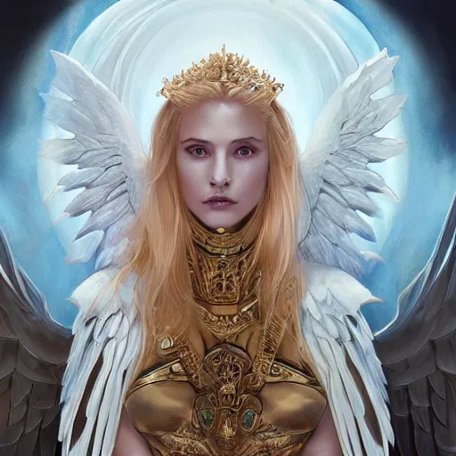 Image similar to A beautiful digital painting of a strong woman archangel with blond hair, in a regal armor, princess, a ghostly skull behind her, D&D, fantasy, intricate, cinematic lighting, highly detailed, digital painting, Artstation, concept art, smooth, sharp focus, illustration, art by Artgerm and Greg Rutkowski, Alphonse Mucha and charlie bowater