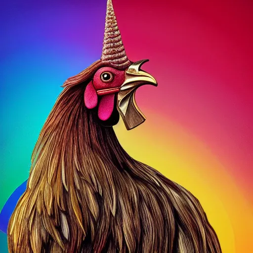 Prompt: a photo of a rooster standing on a unicorn, detailed, vibrant, realistic, rainbow, sunset, clear, 8k, hd, award winning image