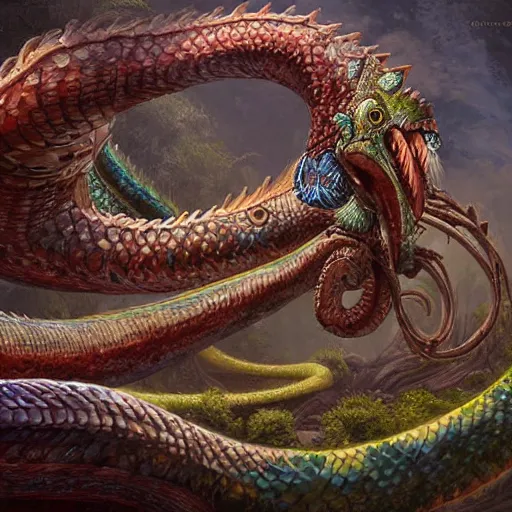 Prompt: digital painting of quetzalcoatl, by filipe pagliuso and justin gerard, jungle, fantasy, highly detailed, ominous, intricate, gigantic, portrait, snake