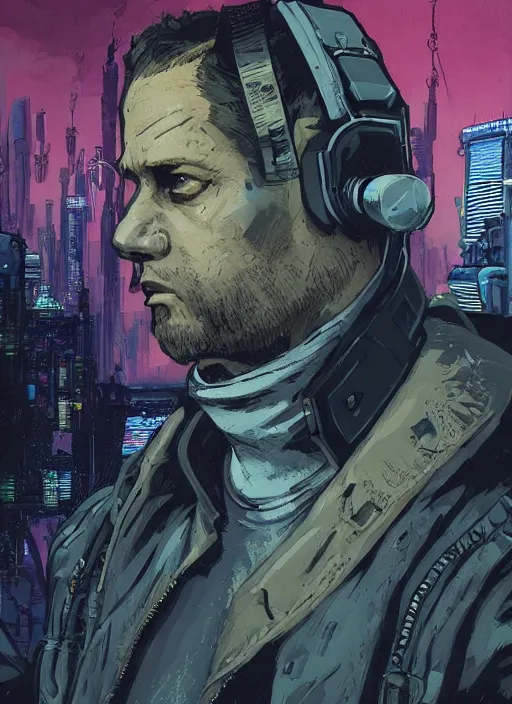 Image similar to Menacing Ivan. buff cyberpunk russian mercenary wearing a cyberpunk headset, military vest, and pilot jumpsuit. square face. Realistic Proportions. Concept art by James Gurney and Laurie Greasley. Moody Industrial skyline. ArtstationHQ. Creative character design for cyberpunk 2077.