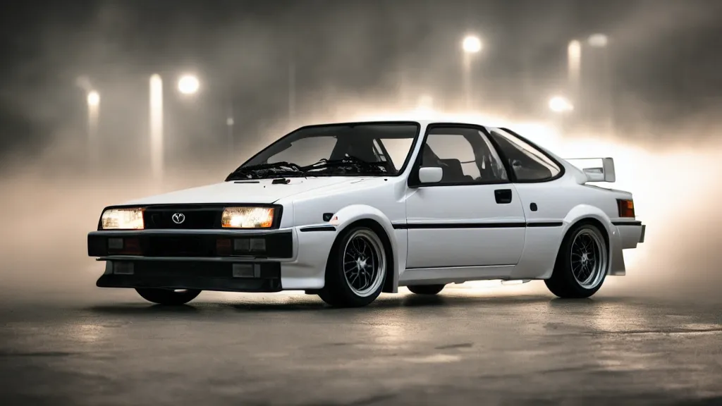 Image similar to a toyota ae 8 6 with pop up headlights, cinematic, long exposure, white balance, 8 k, led, lumen global illumination, fog, ray tracing reflections