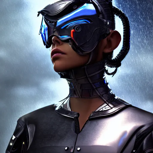 Image similar to An epic fantastic ultrarealism comic book style portrait painting of a female cyberpunk armor fighter, black and blue silver color armor, cyberpunk feel raining at tokyo rooftop, Concept world Art, unreal 5, DAZ, 8k, hyperrealistic, octane render, cosplay, RPG portrait, dramatic lighting, rim lights