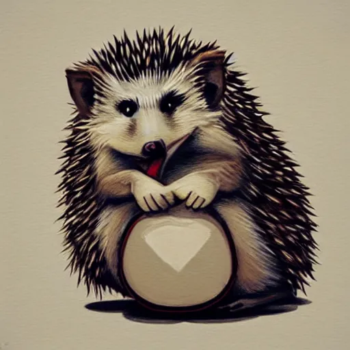 Image similar to hedgehog wearing a t - shirt, biting on t - shirt, mouth on shirt, shirt in mouth, cute, adorable, hedgehog, painted by tara mcpherson, art