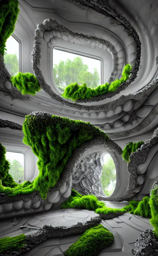 Image similar to highly detailed ultra sharp 3 d render villa interior cinematic composition of a smooth ceramic porcelain biomorphic magnolia stone nebula fluid fractal sci - fi surreal architecture landscape, granite, metallic, magnesium, marble, moss and lichen, vincent callebaut composition, mamou - mani, archviz, beautiful lighting, 8 k, unreal engine, hdr,