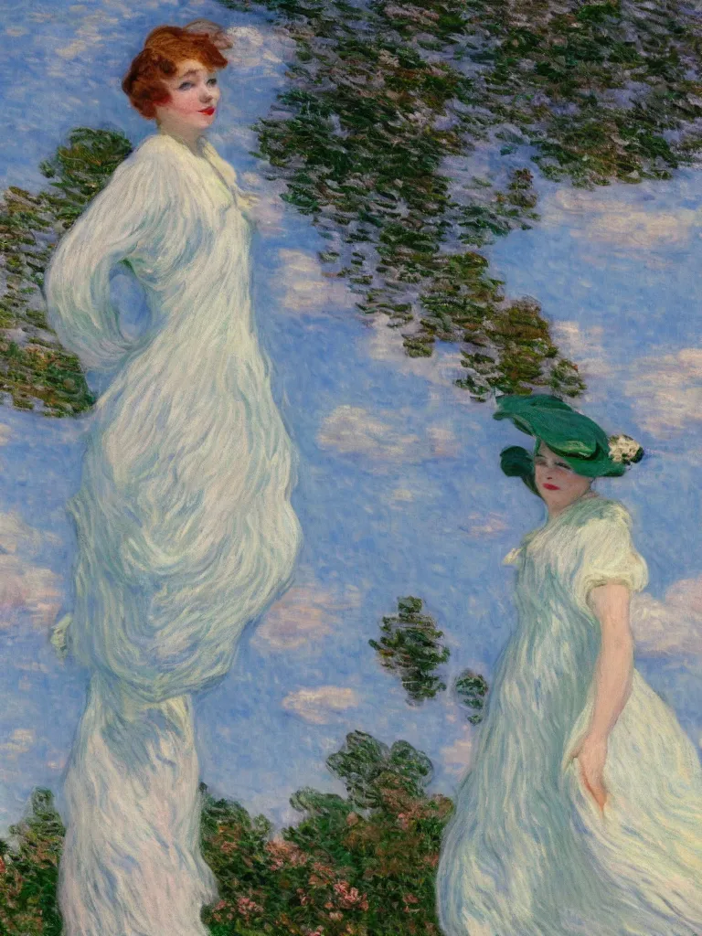 Prompt: a beautiful young frog, wearing 1 9 2 0 s fashion, brown hair, slim, fair, turning her head and smiling, severe out of focus, depth of field, azure sky, fluffy white clouds, pleinairism, in the sun, backlit, oil on canvas, by monet, in the style of le promenade, impressionnisme