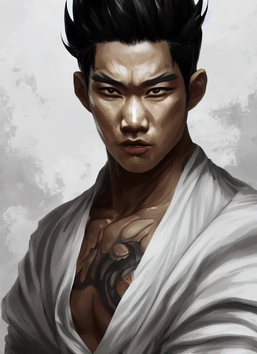 Image similar to a highly detailed illustration of fierce asian man with short white hair parted down middle, wearing white kimono with black shirt, with black sclera eyes, heroically battle posing, muscular, intricate, elegant, highly detailed, centered, digital painting, artstation, concept art, smooth, sharp focus, league of legends concept art, WLOP