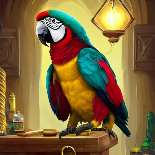 Prompt: Anthropomorphized parrot trader in his shop, selling his wares, portrait, items, gold, magic potions, carpet, window, fancy hat, sly expression , cunning expression, cute expression, long thick shiny gold beak, presenting wares, holding an item, D&D, fantasy, cinematic lighting, highly detailed, digital painting, artstation, concept art, smooth, sharp focus, illustration, warm light, cozy warm tint, magic the gathering artwork, volumetric lighting, 8k, art by Akihiko Yoshida, Greg Rutkowski