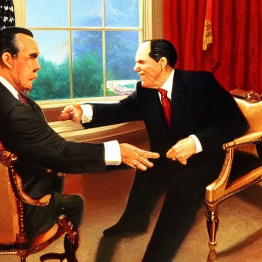 Image similar to walter kronkite slapping president richard nixon in the oval office, highly detailed, elegant, an oil painting by ross tran and thomas kincade, realistic lighting,