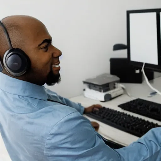 Image similar to a bald black man playing on pc with headphones
