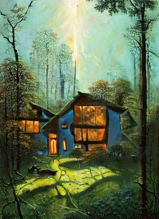 Image similar to hyper realistic witchy modern house with mood lighting and tech in the woods gorgeous lighting, sunbeams blue sky, highly detailed, lush forest foliage painting by zdzisław beksinski and norman rockwell and greg rutkowski weta studio, and lucasfilm