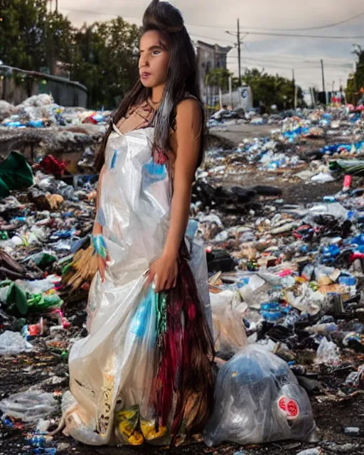 Image similar to a beautiful photo of a Young female with long hair and reflective eyes, Queen of trash wearing a gown made of plastic bags and trash, surrounded by trash all around and in the background, top cinematic lighting , very detailed, shot in canon 50mm f/1.2