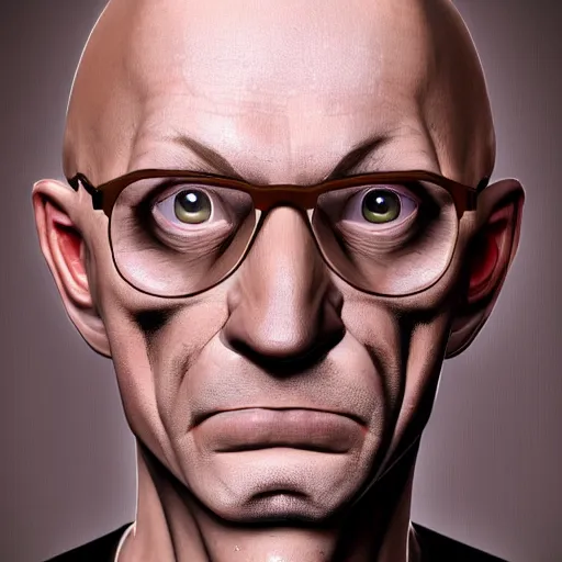 Image similar to A middle-aged Dr. Venture in real life with a hooked nose, a long gaunt face and skinny body and neck, very thin and bald, realistic, very realistic, hyperrealistic, highly detailed, very detailed, extremely detailed, detailed, digital art, oil painting, trending on artstation, headshot and bodyshot, detailed face, very detailed face, extremely detailed face, HD Quality, 8k resolution, very very detailed face, real life