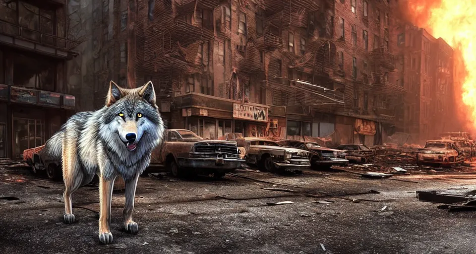 Prompt: A beautiful hyper realistic ultra detailed lifelike matte painting of a scruffy Timber Wolf standing in the middle of an abandoned post-apocalyptic New York City street at night with cars and buildings enflamed on fire, unreal engine, deviantart, flickr, artstation, octane render, textured, colorful, extreme realistic detail, physically based rendering, pbr render, very detailed, volumetric lighting, detailed lighting, octane render, 4k, cinematic lighting, 8k resolution