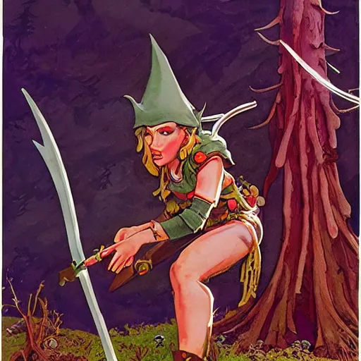 Prompt: moonshine cybin, epic level dnd wood elf spore druidess, wielding a magical sword, wearing magical overalls. covered in various fungi. full character concept art, realistic, high detail digital gouache painting by angus mcbride and michael whelan and jeffrey jones