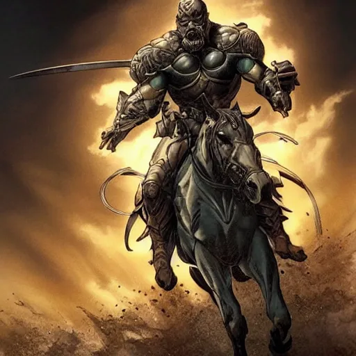 Image similar to chonky bald grey bearded ethan van sciver riding a dark horse into battle, full view, beautiful zoomed out artwork by artgerm and rutkowski, breathtaking, beautifully lit, dramatic, full view