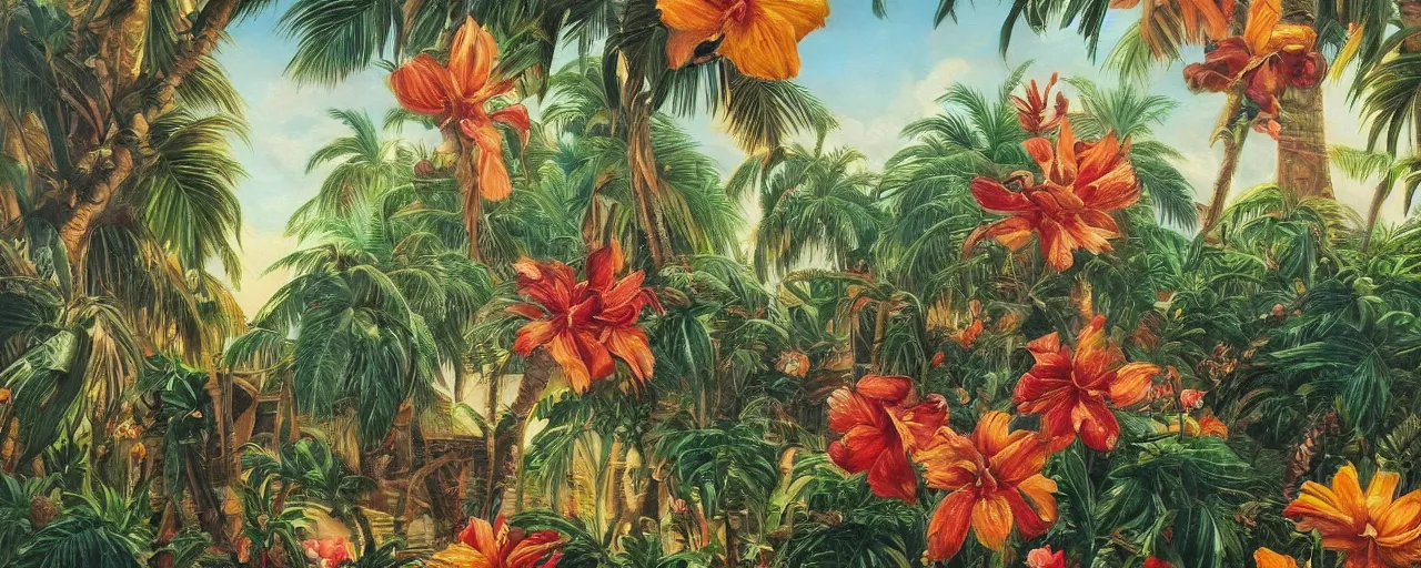 Prompt: a highly detailed oil painting of Tropical Flowers, a view from ground level: elegant, ornate, daytime. this is a beautifully lit scene.