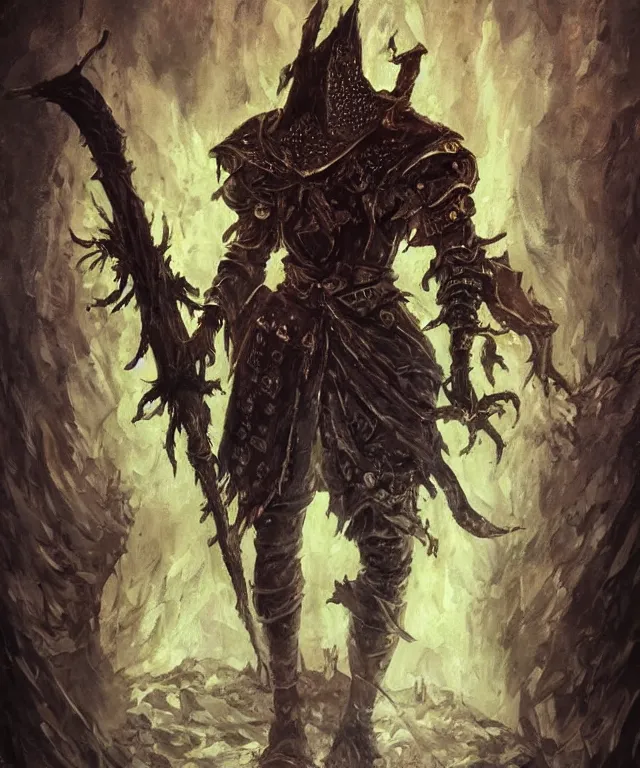 Prompt: a oil painting full body character portrait of a alchemical crucifier in the style of dark souls in the style of darkest dungeon trending on artstation deviantart pinterest detailed realistic hd 8 k high resolution
