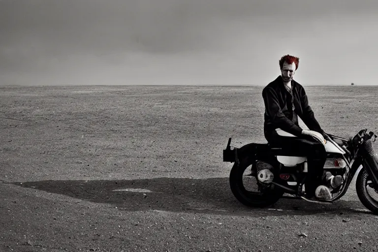 Prompt: portrait of redhead man on a motorcycle By Emmanuel Lubezki