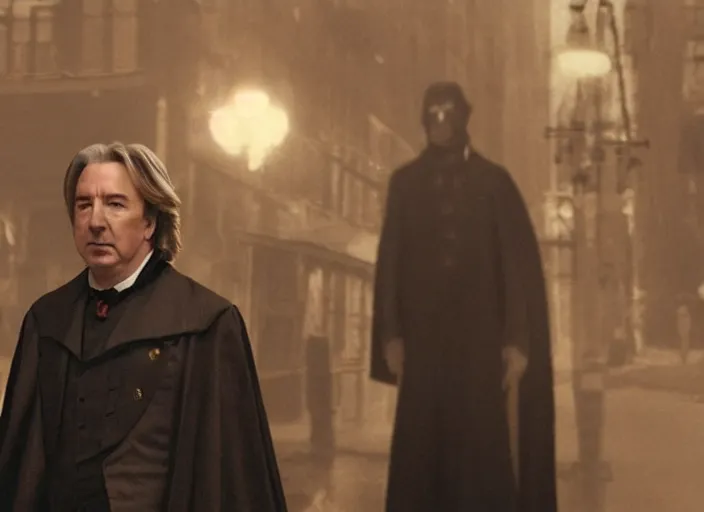 Image similar to movie still of alan rickman wearing a victorian era spiderman costume and cape from the new they live movie, realistic, 8 k