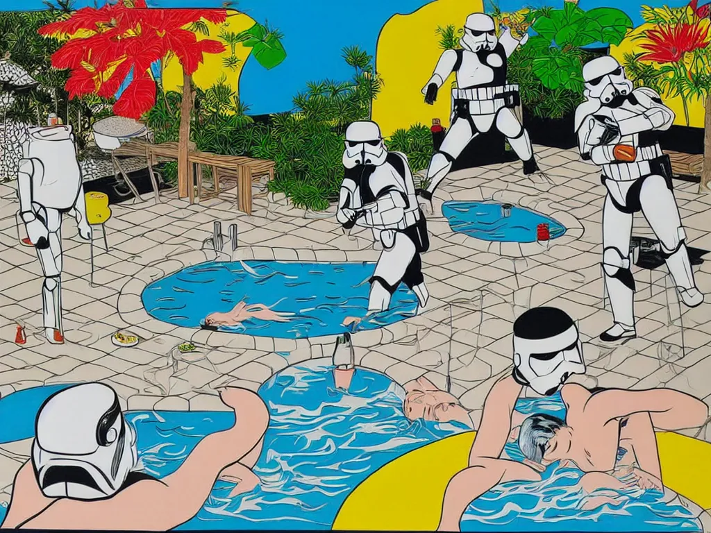 Image similar to hyperrealism composition of the japanese house with a hot springs in the garden, two detailed stormtroopers bathe in a hot spring, pop - art style, jacky tsai style, andy warhol style, roy lichtenstein style, acrylic on canvas