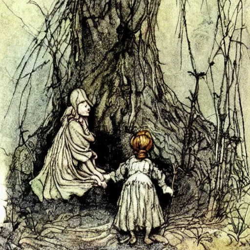 Image similar to the mother was great. she made even the giants look small. the giants were great. thou art tiny, like a little doll. arthur rackham illustration, extremely high quality