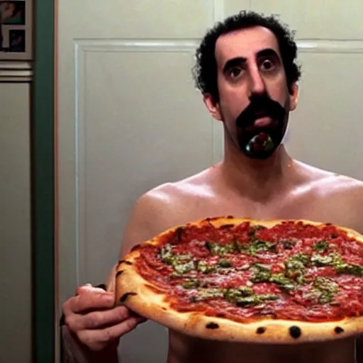 Image similar to borat eating pizza, wet, sloppy gross, obnoxious