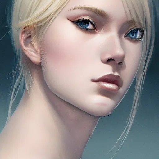 Image similar to very cool girl blonde hair black back, mint higlights, strong eyelashes, cute nose and lips makeup, nose piercing, detailed portrait, intricate complexity, by greg rutkowski, artgerm, ross tran, conrad roset, takato yomamoto, ilya kuvshinov. 4 k, beautiful, cinematic dramatic atmosphere